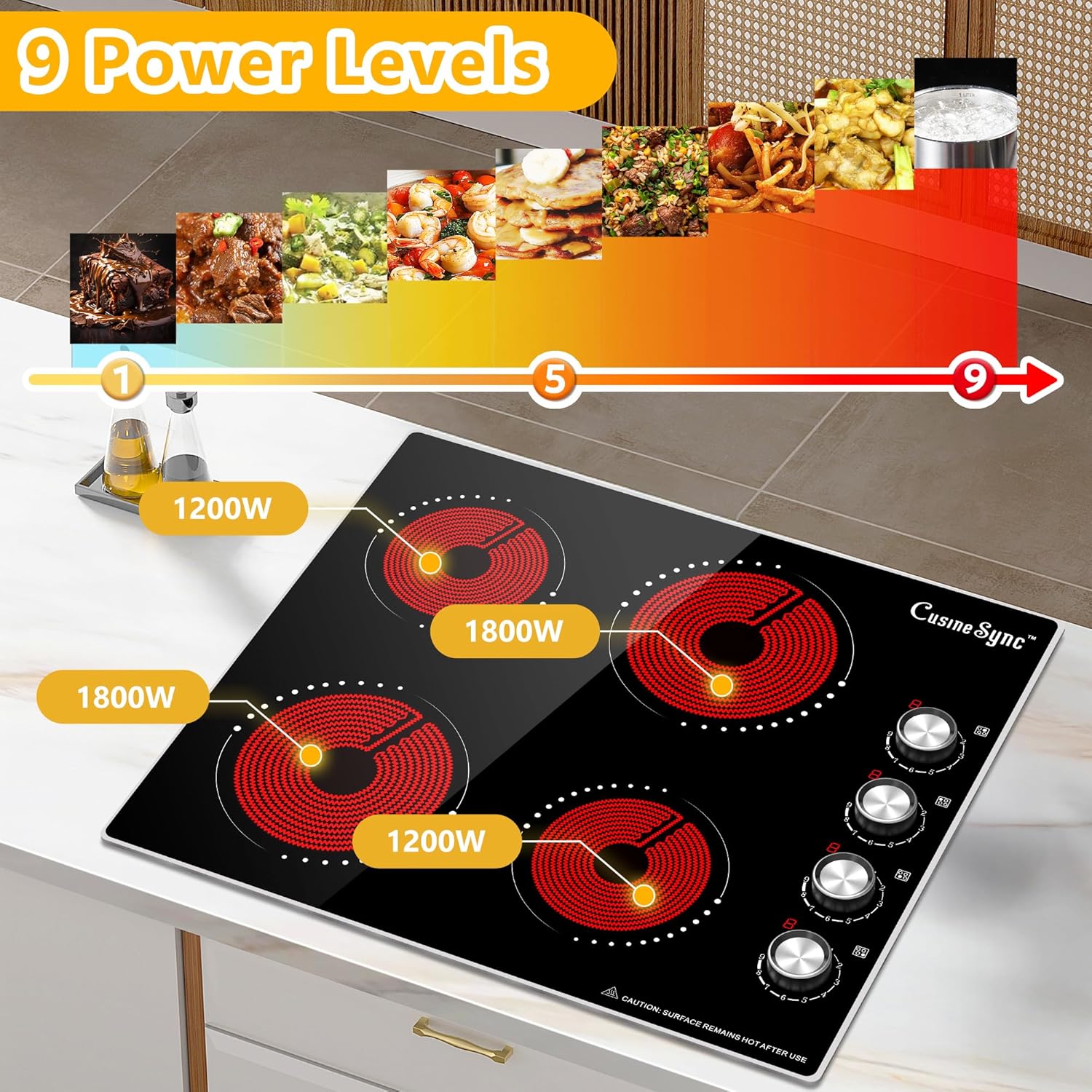 24 Inch Electric Cooktop, 4 Burner Ceramic Stove with 9 Power Levels, Knob Control, Auto shutdown and Residual Heat Warning, 6000W, 220-240V for Hard Wire - Image 4