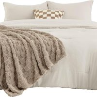 Bedsure Comforter Queen Size 5 Pieces - Queen Size Comforter Set with Checkered Throw Blanket and Decorative Pillow, Lightweiget Bedding, All Season Bedding Sets, Linen Beige - Image 9
