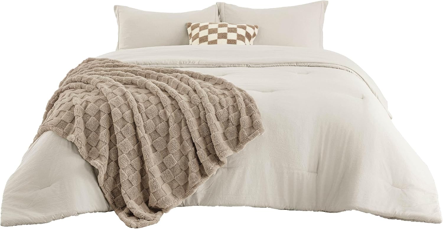 Bedsure Comforter Queen Size 5 Pieces - Queen Size Comforter Set with Checkered Throw Blanket and Decorative Pillow, Lightweiget Bedding, All Season Bedding Sets, Linen Beige - Image 9