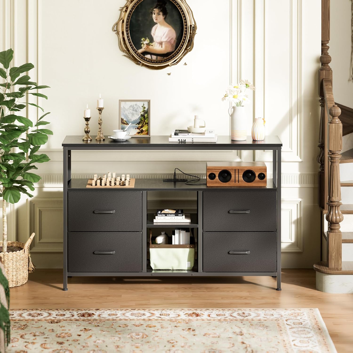 Huuger TV Stand Dresser with Power Outlets and LED Lights, 4 Drawers Entertainment Center with Open Shelf, Media Console for 50 43 Inch TV, Dresser with PU Finish, Black - Image 9