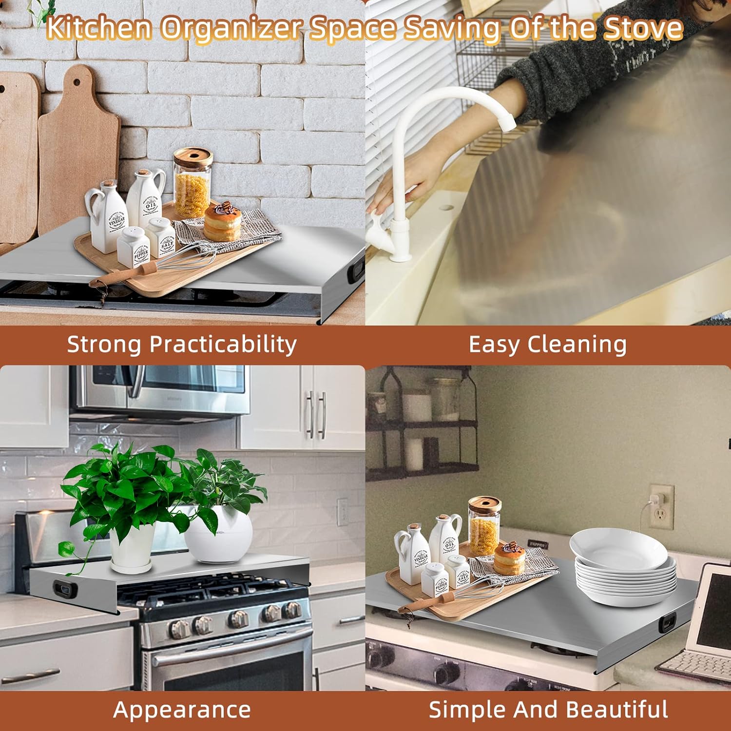 Stainless Steel Gas Stove Top Cover, Noodle Board Cooktop Cover, Kitchen Organizer for Gas and Electric Stove Range Expanding Kitchen Space, Large Size 36"x 23.6"x3", Sliver - Image 2