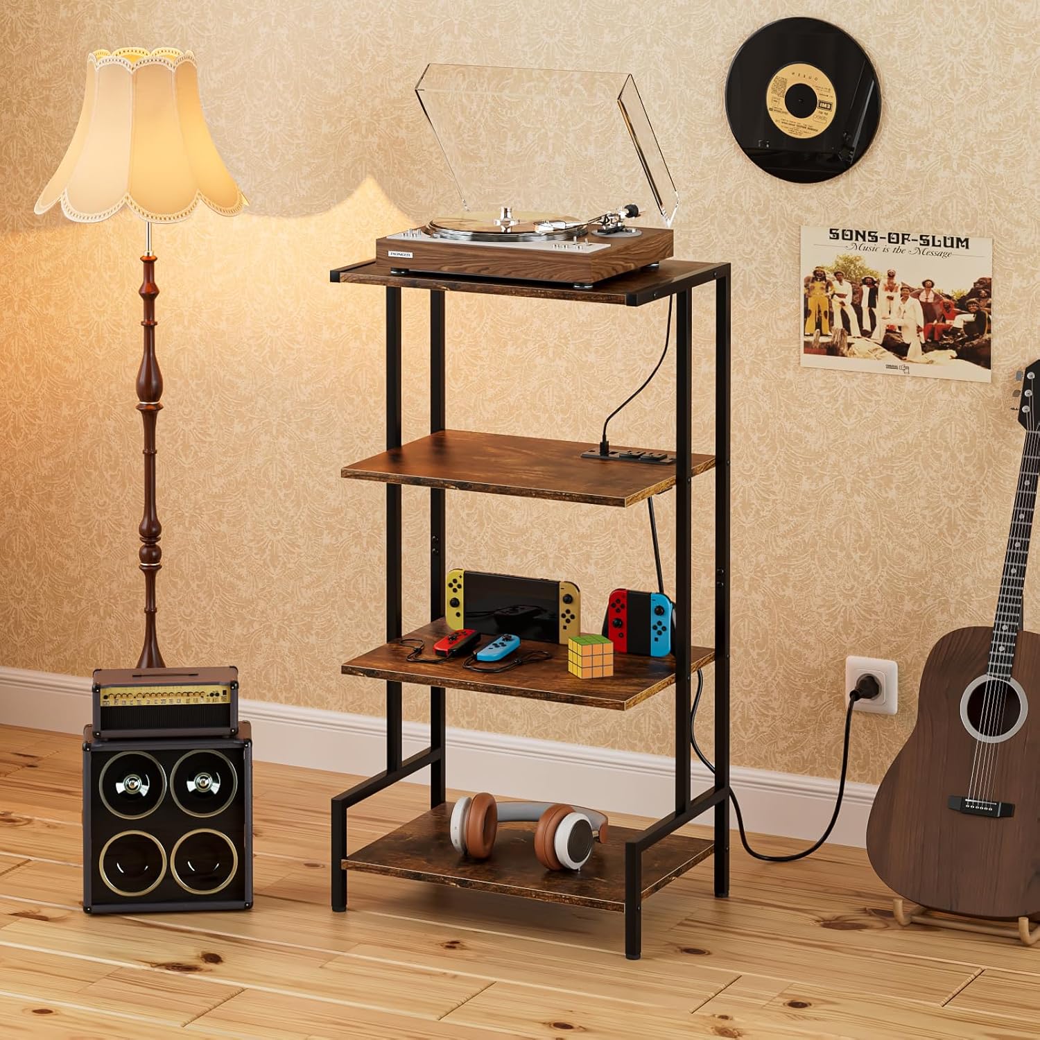 4-Tier AV Media Stand with Power Outlet and LED Lights,Wooden Stereo Stand Cabinet,Game Console Shelf for Small Space,Audio Rack Stand Tower Ideal for Video DVD Players,Xbox - Image 8