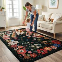 Vasofe 5x7 Rug for Bedroom,Washable Rugs for Living Room, Dining Room, Indoor Floor Mat, Floral Printed Mats for Nrusery, Farmhouse, Laundry Room,Non Slip Low Pile Soft Modern Carpet, Black - Image 3