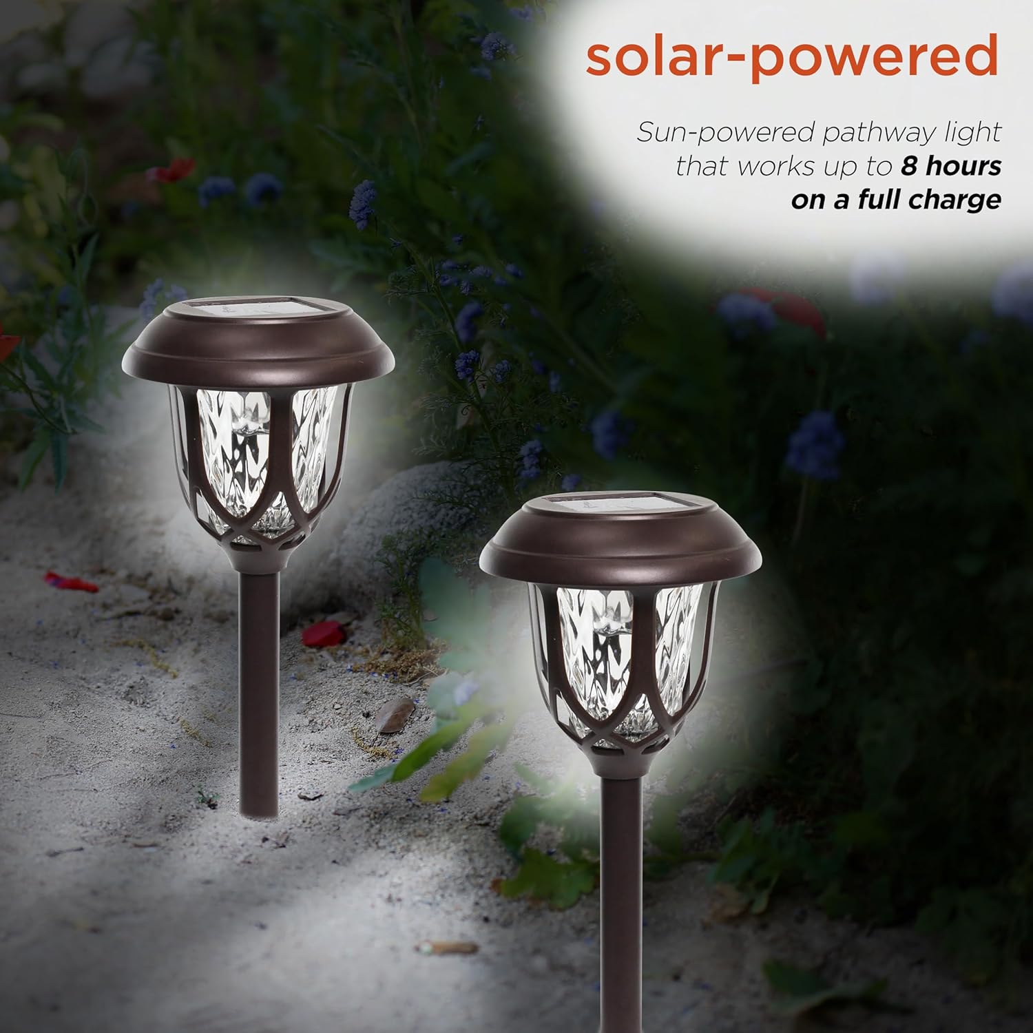 Alpine Corporation 17" Tall Super Bright High Lumen Outdoor Solar Powered Pathway Light Stakes, Bronze (Set of 2) - Image 4