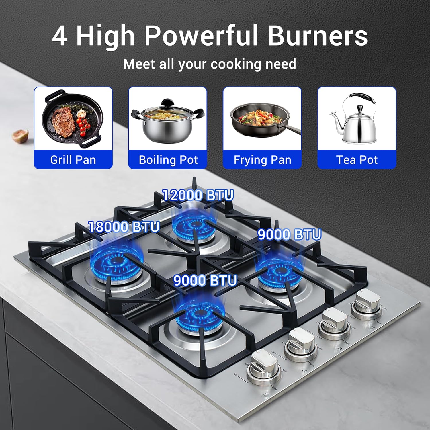 CT Copper Tailor Gas Cooktop 30 Inch With Four Sealed Burners, NG/LPG Convertible,Max 18000BTU, in Stainless Steel - Image 3
