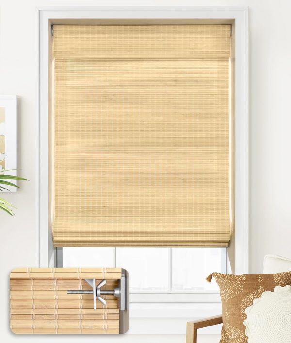 LazBlinds No Tools No Drill Cordless Bamboo Roman Shades, Custom Privacy Light Blocking Window Treatment, Roll Up Bamboo Blinds for Windows, DP-Natural
