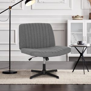 Criss Cross Chair，Armless Vanity Chair with Back, Cross Legged Office Desk Chair Comfy, Wide Seat No Wheels Height Adjustable Computer Task Chair for Home Office-Grey