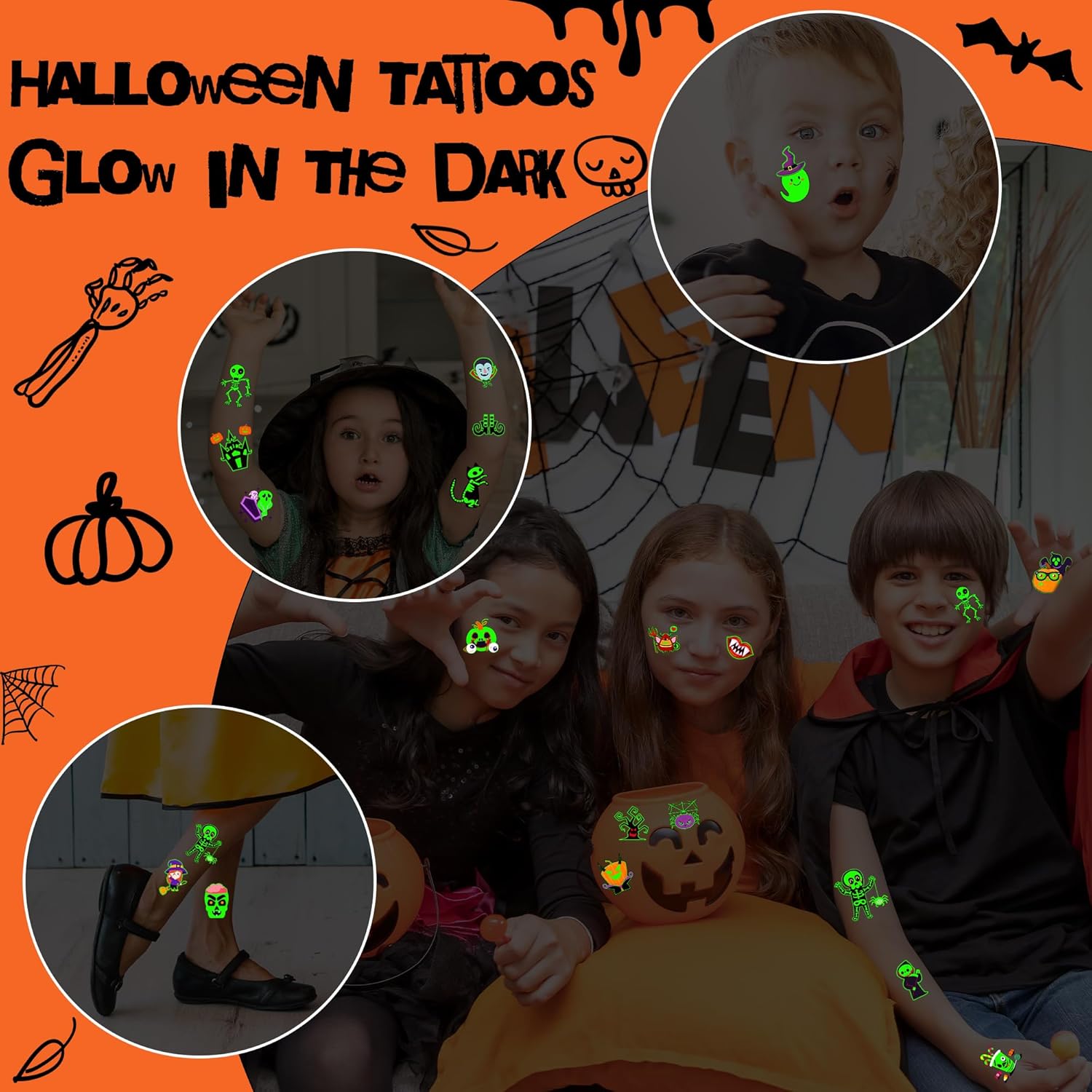 U-Goforst 200 PCS Halloween Tattoos for Kids, Glow in The Dark Halloween Party Favors, Halloween Temporary Tattoos Goodie Goody, Halloween Treats Bag Stuffers Bulk - Image 6
