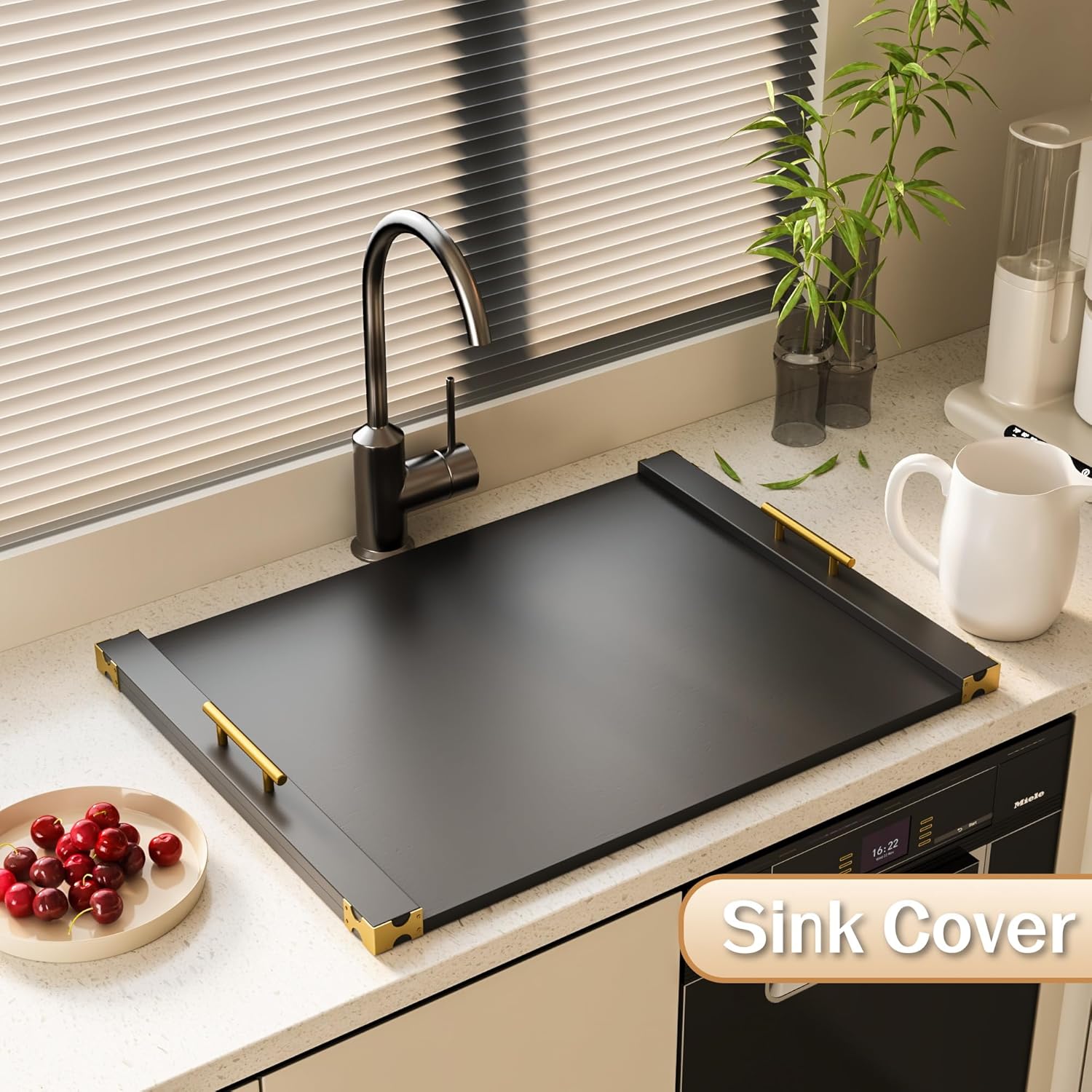 Noodle Board Stove Cover for Gas Stovetop, Bamboo Stove Top Covers for Electric Stove and Gas Burners with Handles Kitchen Sink Cover for Counter Space Decorative Serving Tray Black (29.53"x22.05") - Image 4