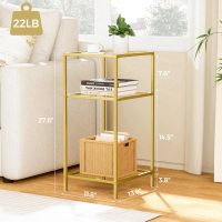 Homhedy 3-Tier Side Tables Set of 2, End Tables with Tempered Glass, Nightstands with Storage Shelves, Slim Sofa Tables for Living Room, Bedroom (2, Golden) - Image 3
