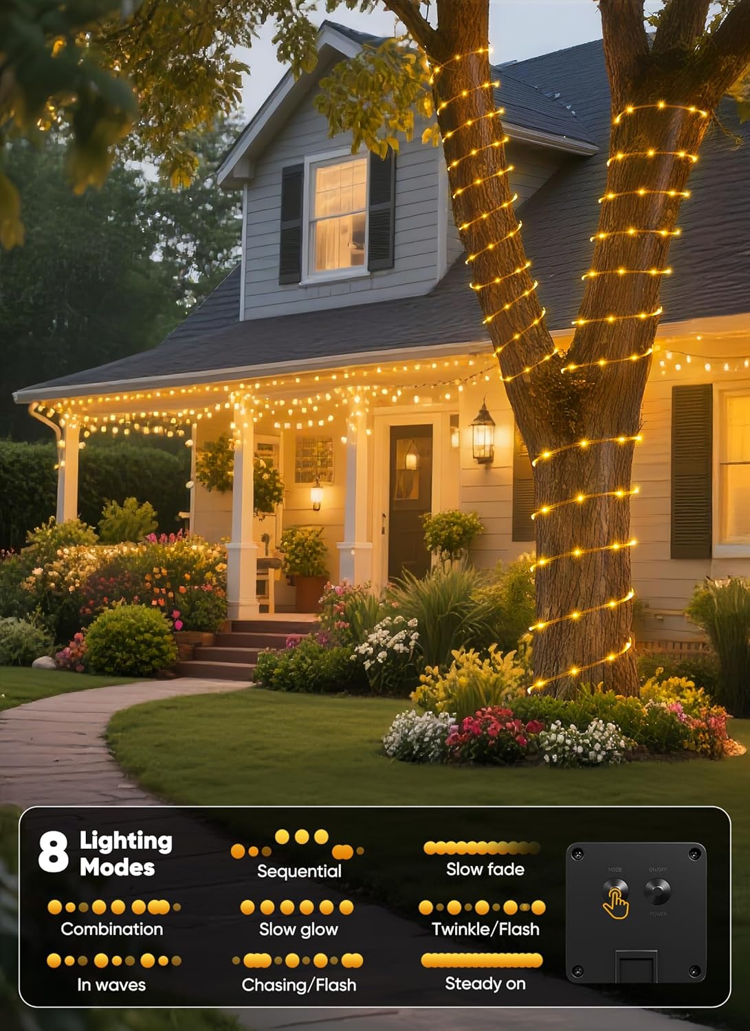 Brightown Solar Rope Lights, 39FT 100LED Outdoor Solar String Lights, IP65 Waterproof Solar Powered Fairy Lights with 8 Lighting Modes for Party Garden Yard Home Holiday Tree Decoration, Warm White - Image 4