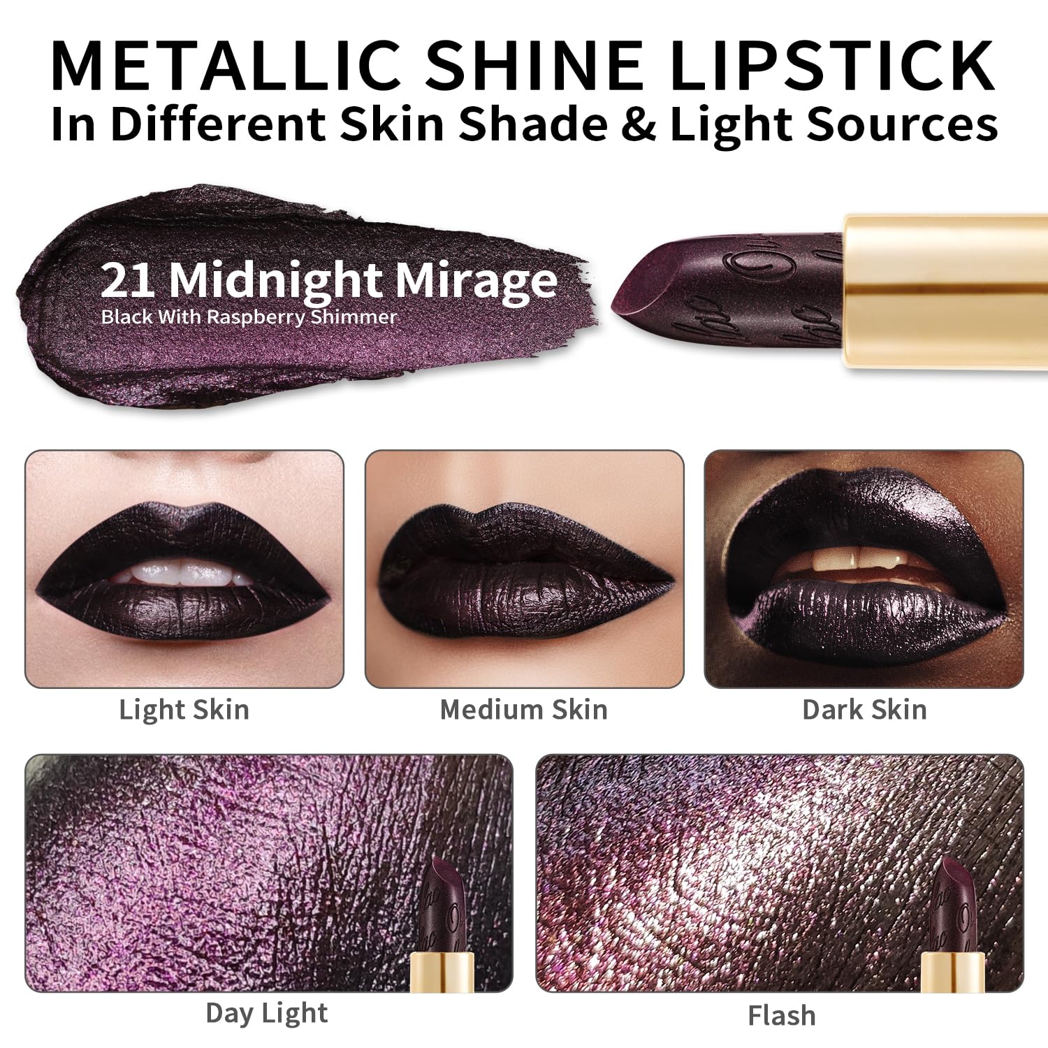 Oulac Halloween Black Lipstick for Women, Black with Raspberry Shimmer, High-Impact Lipcolor with Moisturizing Creamy Formula, Vegan & Cruelty-Free, Midnight Mirage (21) - Image 3