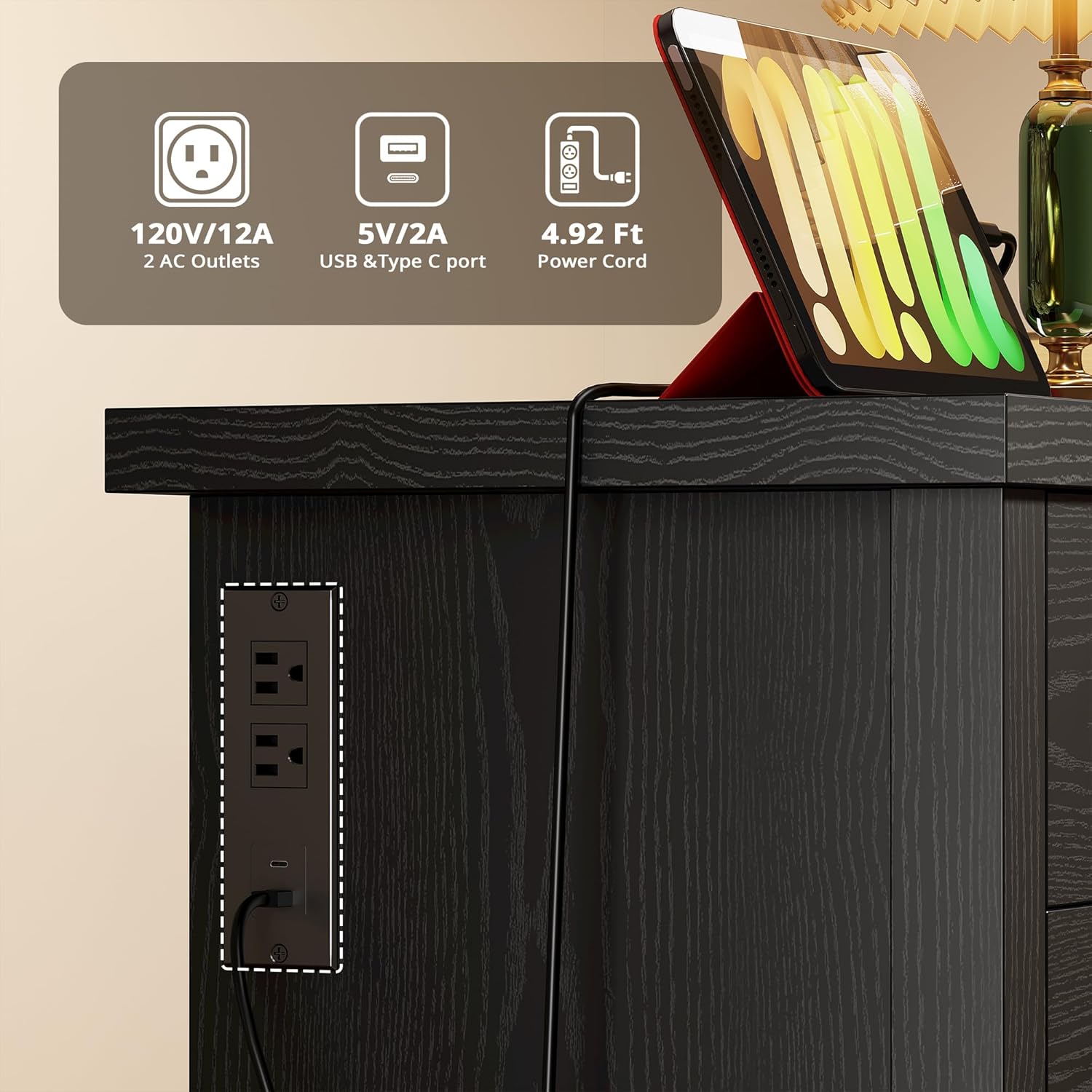 LIKIMIO Dresser with 10 Drawers, Bedroom Wooden Chest of Drawers with LED Lights and Power Outlets, Fabric Side Pocket, TV Stand for Living Room, Black - Image 6