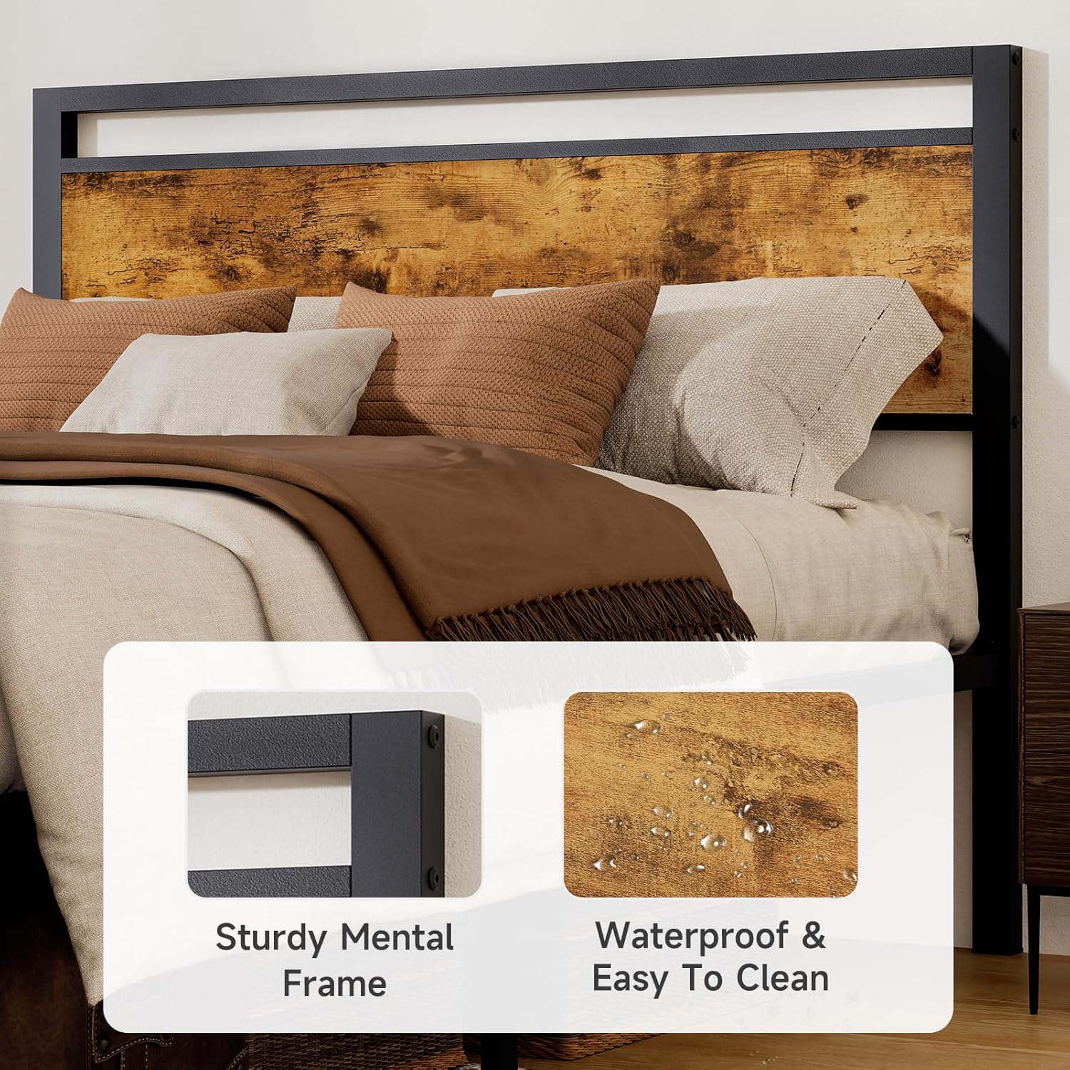 Z-hom Queen Bed Frame with Modern Wood Headboard & Footboard, Upgraded Heavy Duty Metal Sturdy Bed Frame Queen Size, Stable Platform Bed Furniture Bed Storage, No Noise, No Box Springs, Vintage Brown - Image 4