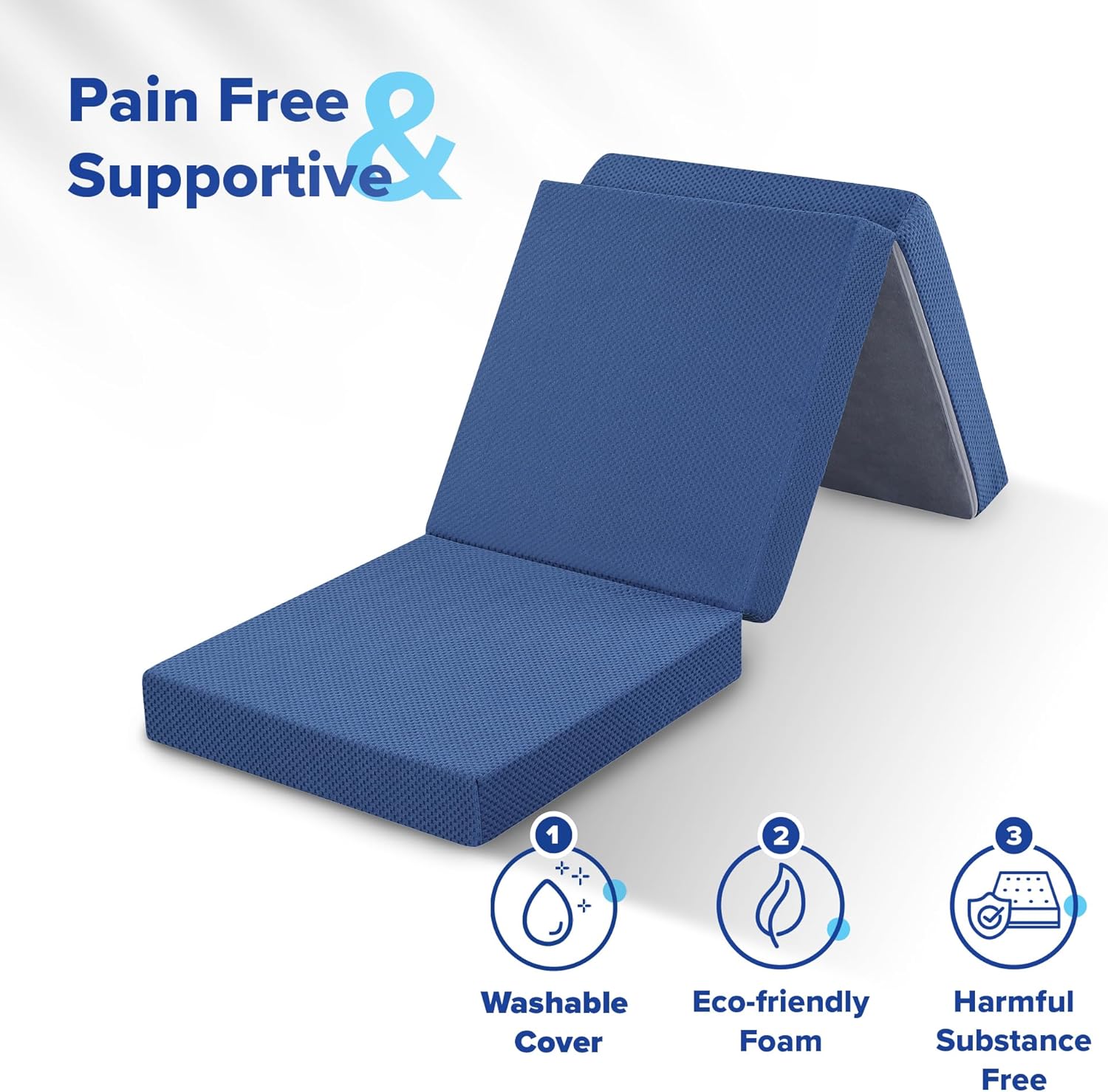 Olee Sleep Tri-Folding Memory Foam Mattress Topper, 4 Inch Gel Folding Mattress for Camping, Foldable Guest Bed, Washable Cover, CertiPUR-US Certified, Soft, Blue, Single Size - Image 5
