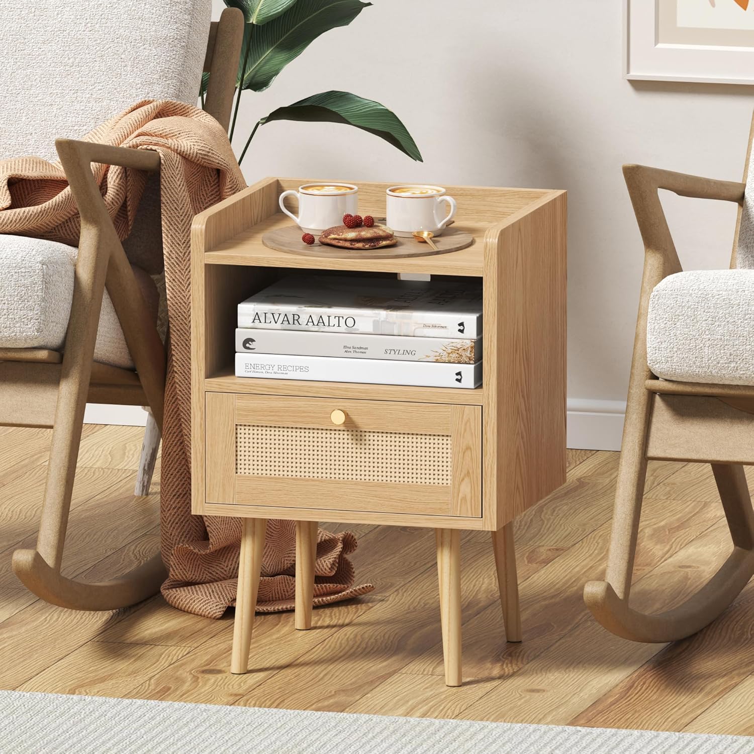 Night stand Set of 2, Bedside Tables with Charging Station, Rattan End Tables, Boho Bed Side Tables, Wood Nightstands set of 2 for Kids' Room Farmhouse Bedroom Living Room Dorm Sofa Couch (Natural) - Image 8