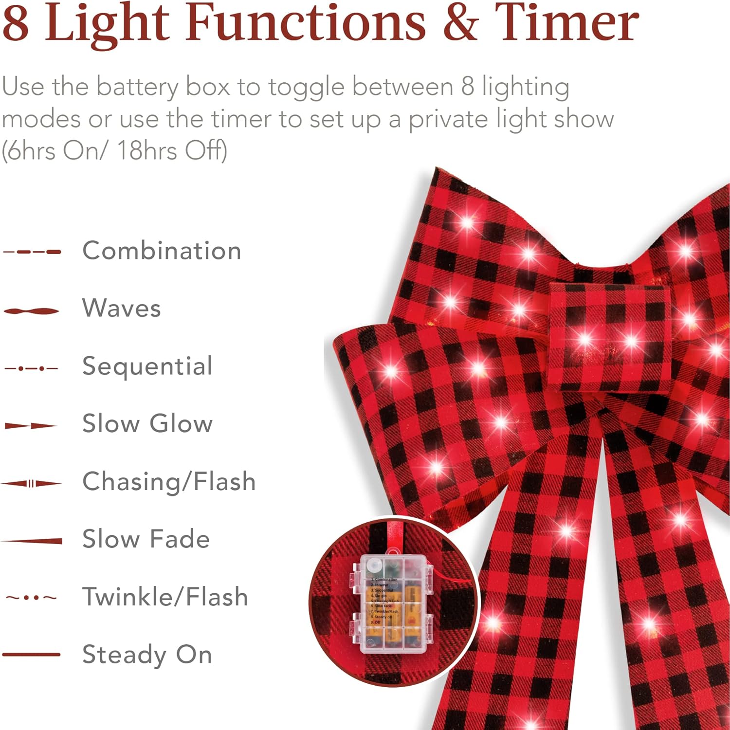Best Choice Products Set of 3 Bows Pre-Lit Christmas Bow Decoration, Indoor/Outdoor LED Holiday Décor w/ 30 Lights, Outdoor Battery Box, Timer, 8 Light Functions - Red/Black Buffalo Plaid - Image 3