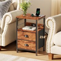 Furologee End Table with Charging Station, Nightstand with Fabric Drawers, Side Table with USB Ports & Outlets, Night Stand with Storage Shelf & Hooks, for Living Room/Bedroom, Rustic Brown - Image 4