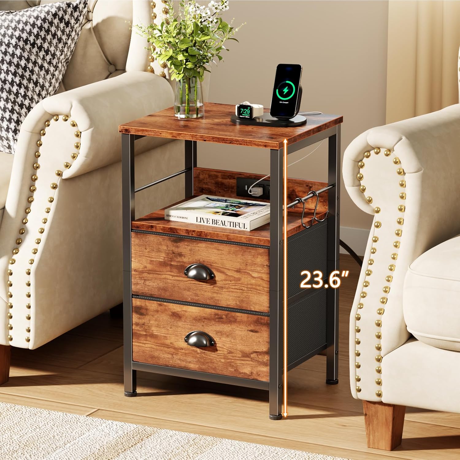 Furologee End Table with Charging Station, Nightstand with Fabric Drawers, Side Table with USB Ports & Outlets, Night Stand with Storage Shelf & Hooks, for Living Room/Bedroom, Rustic Brown - Image 4