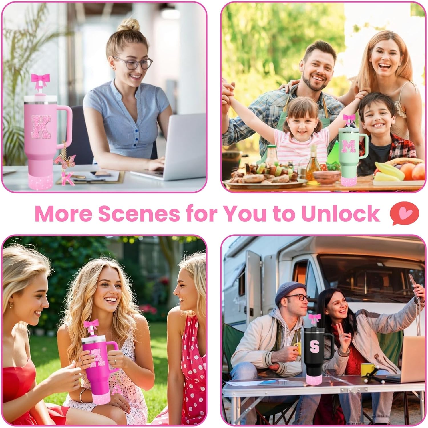 6PCS Pink Stanley Cup Accessories Set, Initials Decorations for Stanley Cup 30oz 40oz, Includes Bow Straw Topper, Handle Charm, Letter Sticker, Silicone Boot, Spill Proof Stopper (Letter V) - Image 6