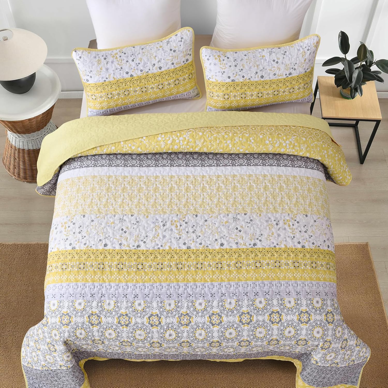 WONGS BEDDING Boho Quilt Set Queen, Yellow Bohemian Striped Patchwork Bedspread Coverlet Set with 2 Pillowcases,Lightweight Microfiber Floral Bedding Set 96"×90" - Image 4