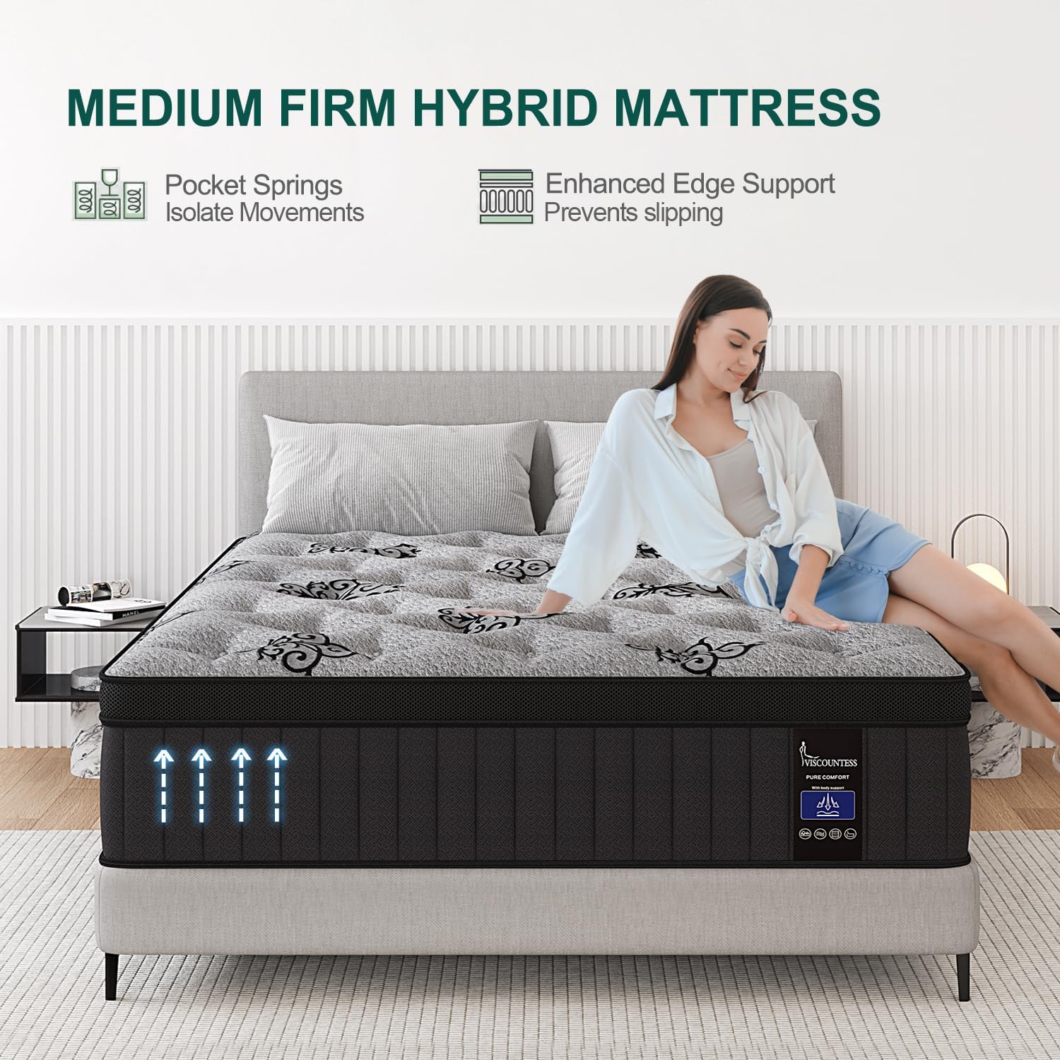 Full Mattress, 12 Inch Hybrid Mattresses Bed in a Box with Gel Memory Foam & Pocket Spring, Euro Top, Medium Firm for Back Support & Pressure Relief, Motion Isolation, Grey - Image 2