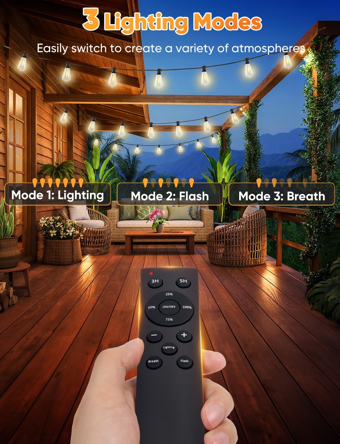Brightever 120FT LED Outdoor String Lights with Remote, Patio Lights Outdoor Waterproof with 36+2 Shatterproof ST38 LED Bulbs, Dimmable Outside Hanging Light for Porch, Garden, Backyard, Cafe, 2700K - Image 3