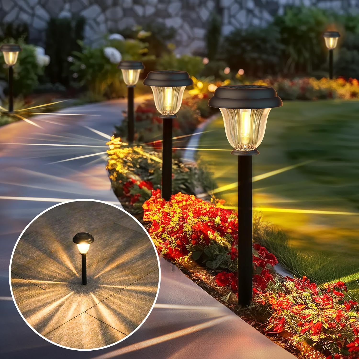 DERAYSION Solar Lights Outdoor 6 Pack, Stainless Steel Glass Solar Pathway Lights, Auto On/Off Long-Lasting Waterproof Landscape Lighting for Garden, Landscape, Path, Yard, Warkway (Warm White) - Image 5