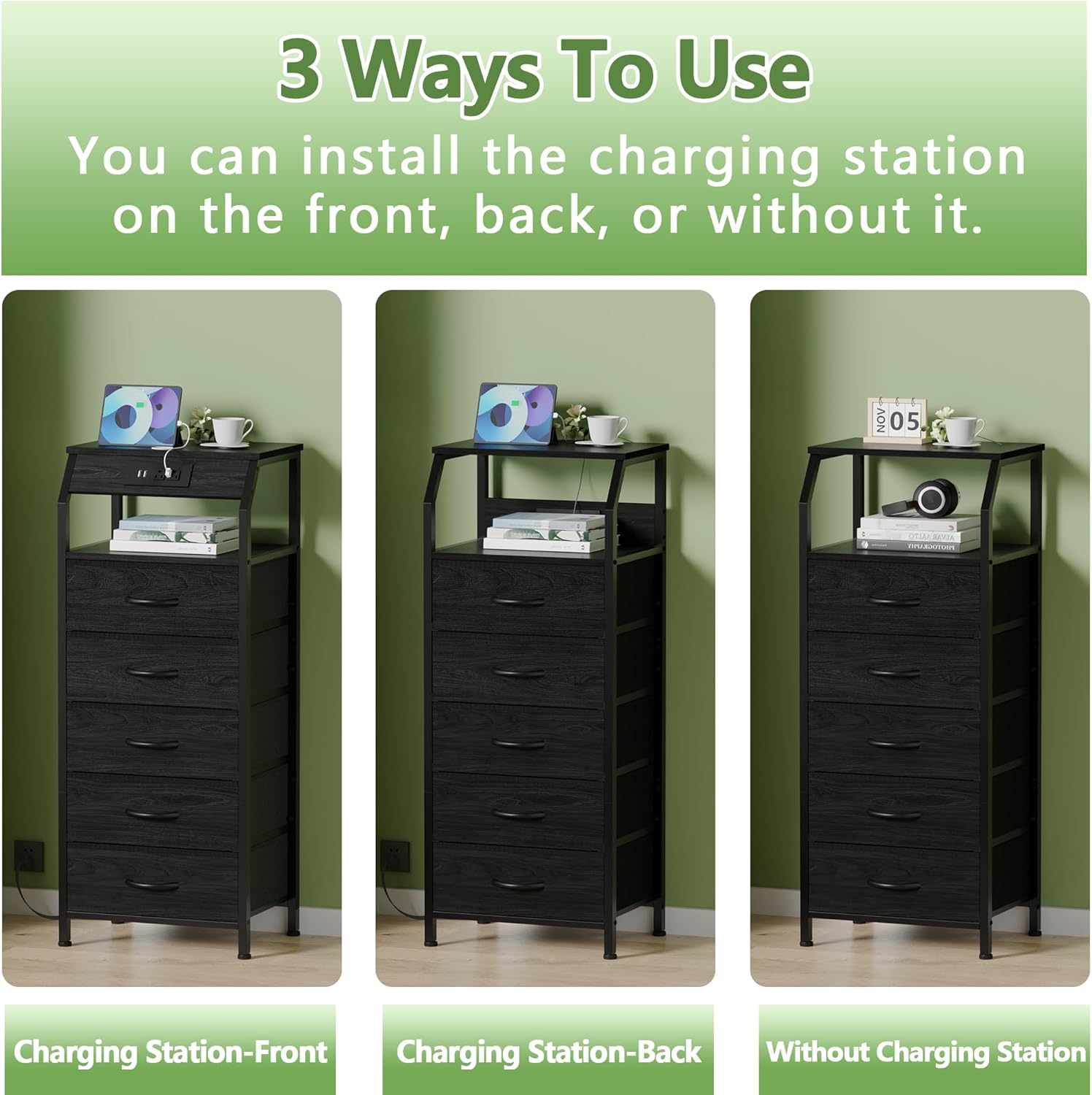 Furnulem 5 Drawers Dresser with Charging Station, Fabric Chest of Drawers with Open Shelf, Tall Night Stand, Bedside Table for Closet, Entryway, Bedroom Furniture, 3 Ways to Use, Black Oak - Image 6