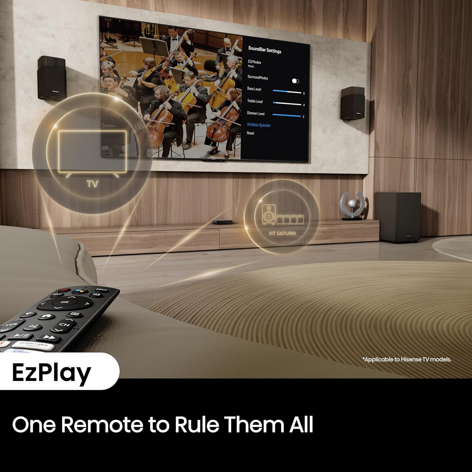 Hisense HT Saturn 4.1.2Ch Sound Bar with Wireless Subwoofer, Dolby Atmos, DTS:X, Bluetooth 5.3, EzPlay, 4K HDMI Pass Through, Roku TV Ready, HDMI/AUX/ARC/Optical/USB, 5 EQ Modes, Hi Concerto - Image 11