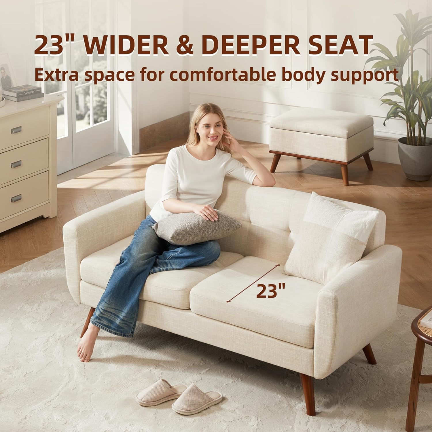 Tbfit 65" W Loveseat Sofa, Mid Century Modern Decor Love Seat Couches for Living Room, Button Tufted Upholstered Small Couch for Bedroom, Solid and Easy to Install Love Seats Furniture, Beige - Image 3