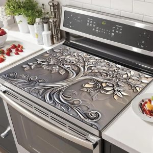 Stove Top Cover 28 x 20 inches Silver Tree of Life Stove Top Covers Pad Glass Flat Top Stove Mat for Kitchen Counter Fit Under Coffee Maker Pot Water Absorbent Mat Diatomite