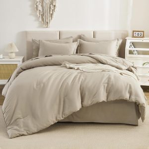 Litanika Comforters Queen Size Set Oatmeal - 7 Pieces Bed in a Bag Queen Bedding Comforter Sets, Plain Lightweight Bed Set with Comforter, Sheets, Pillowcases & Shams