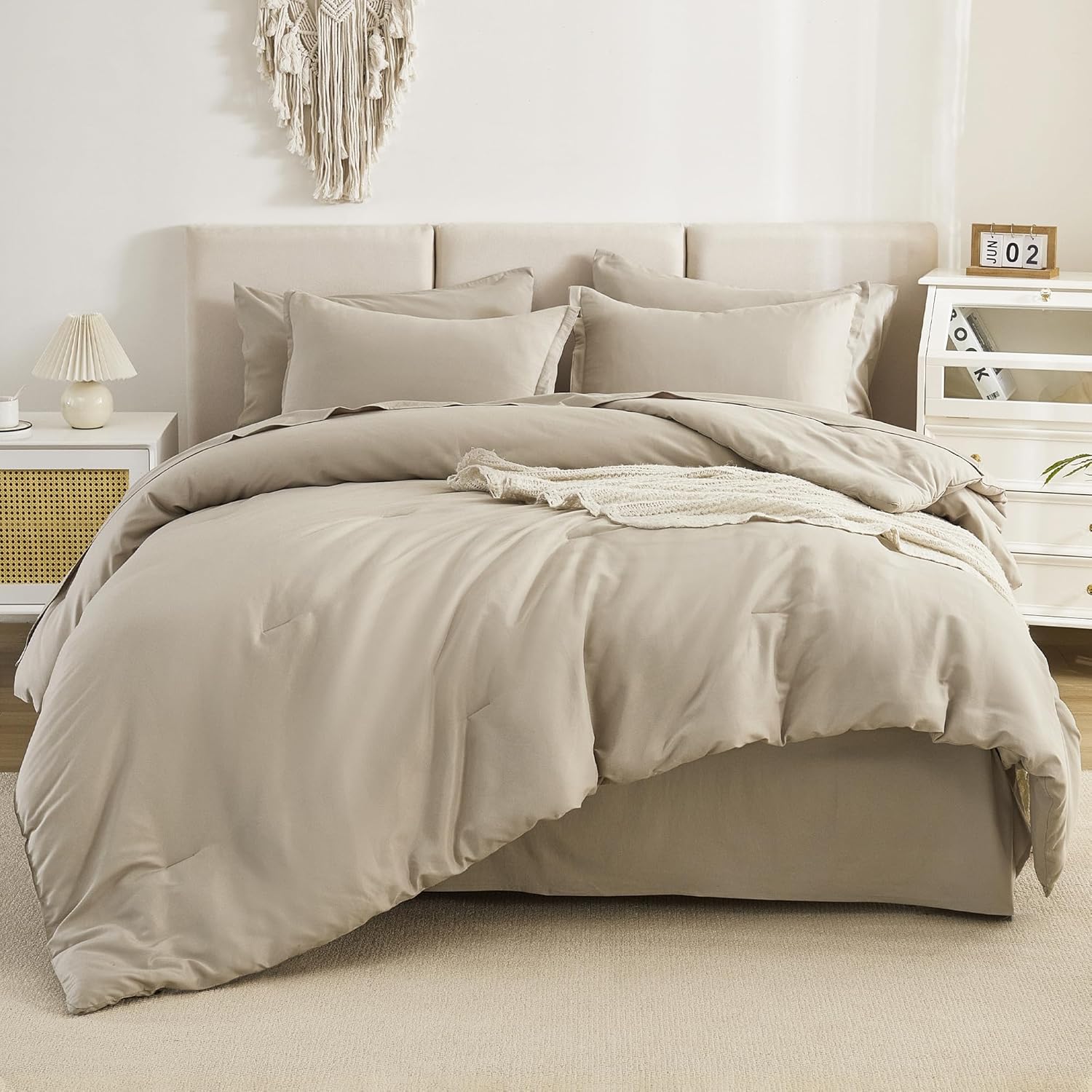 Litanika Comforters Queen Size Set Oatmeal - 7 Pieces Bed in a Bag Queen Bedding Comforter Sets, Plain Lightweight Bed Set with Comforter, Sheets, Pillowcases & Shams