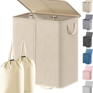 Lifewit Double Laundry Hamper with Lid and Removable Laundry Bags, Large Collapsible 2 Dividers Dirty Clothes Basket with Handles for Bedroom, Laundry Room, Closet, Bathroom, College, 136L Beige