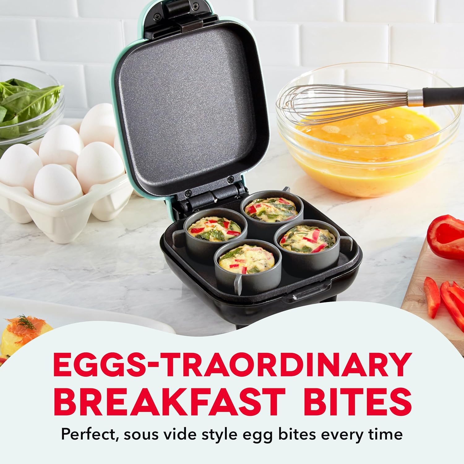 DASH Deluxe Sous Vide Style Egg Bite Maker with Silicone Molds for Breakfast Sandwiches, Healthy Snacks or Desserts, Keto & Paleo Friendly, (1 large, 4 mini) - Aqua - Image 2