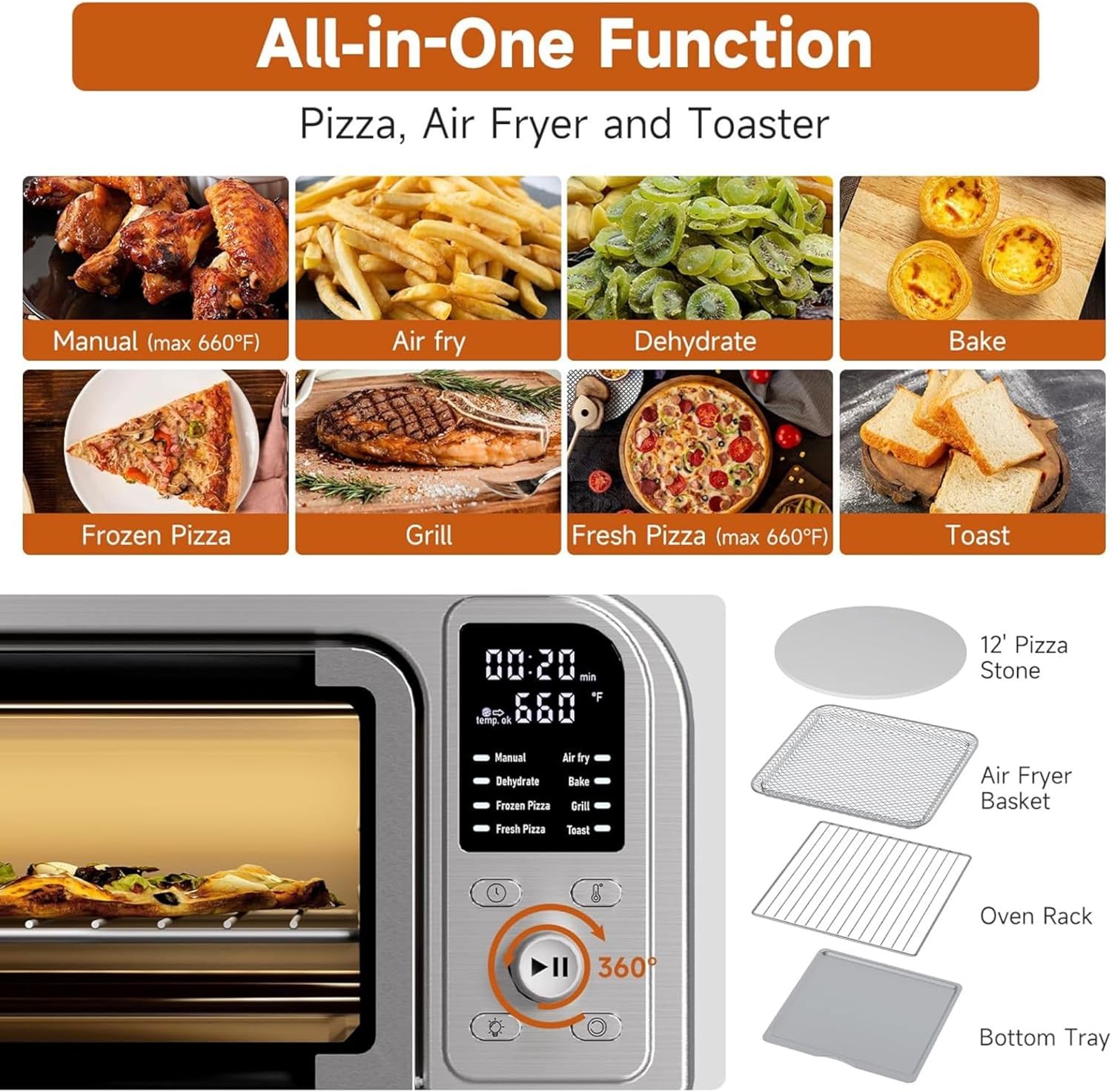 Kitchen Elite 8 in 1 Digital Toaster Oven Air Fryer Combo with Touch Panel and 12 Inch Pizza Capacity, Stainless Steel, Silver - Image 3