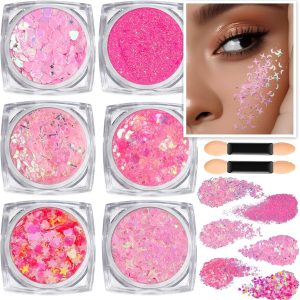 Teenitor Face Glitter, Pink Body Glitter Gel, Holographic Glitter for Face and Body, Hair, Gel Glitter Makeup for Festival Party Cheer Glitter