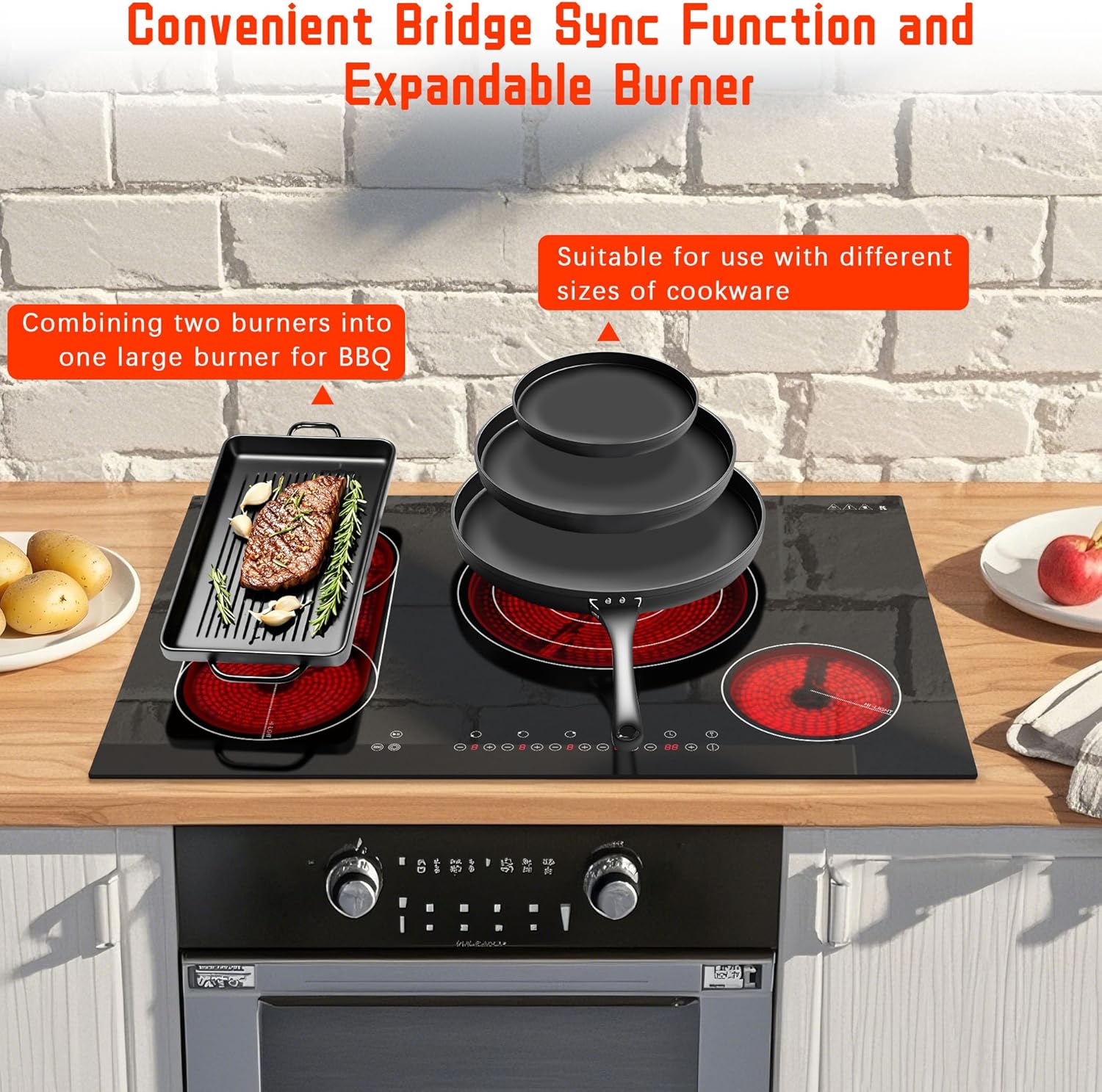 Karinear Electric Cooktop 30 Inch, 4 Burners Electric Stove Top, Flexible Bridge &Triple Ring Expandable Burners, Pause, Timer, Child Safety Lock, 7800W Built-in Ceramic Cooktop for 220-240V Hard Wire - Image 3