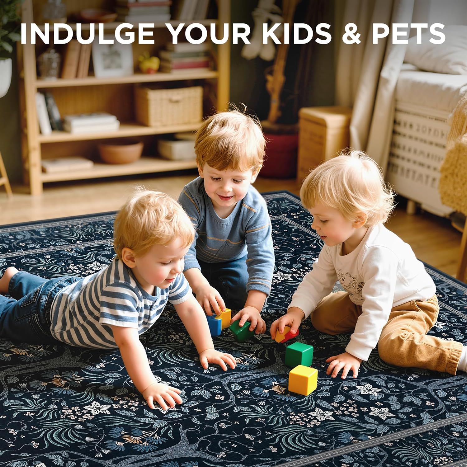 Joydeco Machine Washable Area Rugs 5x7, Boho Floral Rug for Bedroom Non Slip, Soft Forest Botanical Low-Pile Floor Indoor Throw Carpet for Living Dining Room Dorm Office, Blue-Black - Image 7