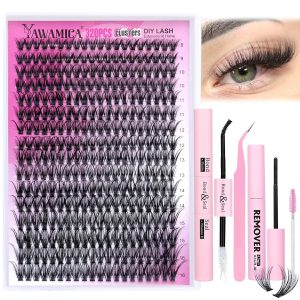 Eyelash Extension Kit 320pcs Lash Clusters D Curly 9-16mm Mix 40D Individual Lashes Wispy Lash Clusters Kit with Lash Bond and Seal and Remover Lash Applicator for Lash Extension Beginners