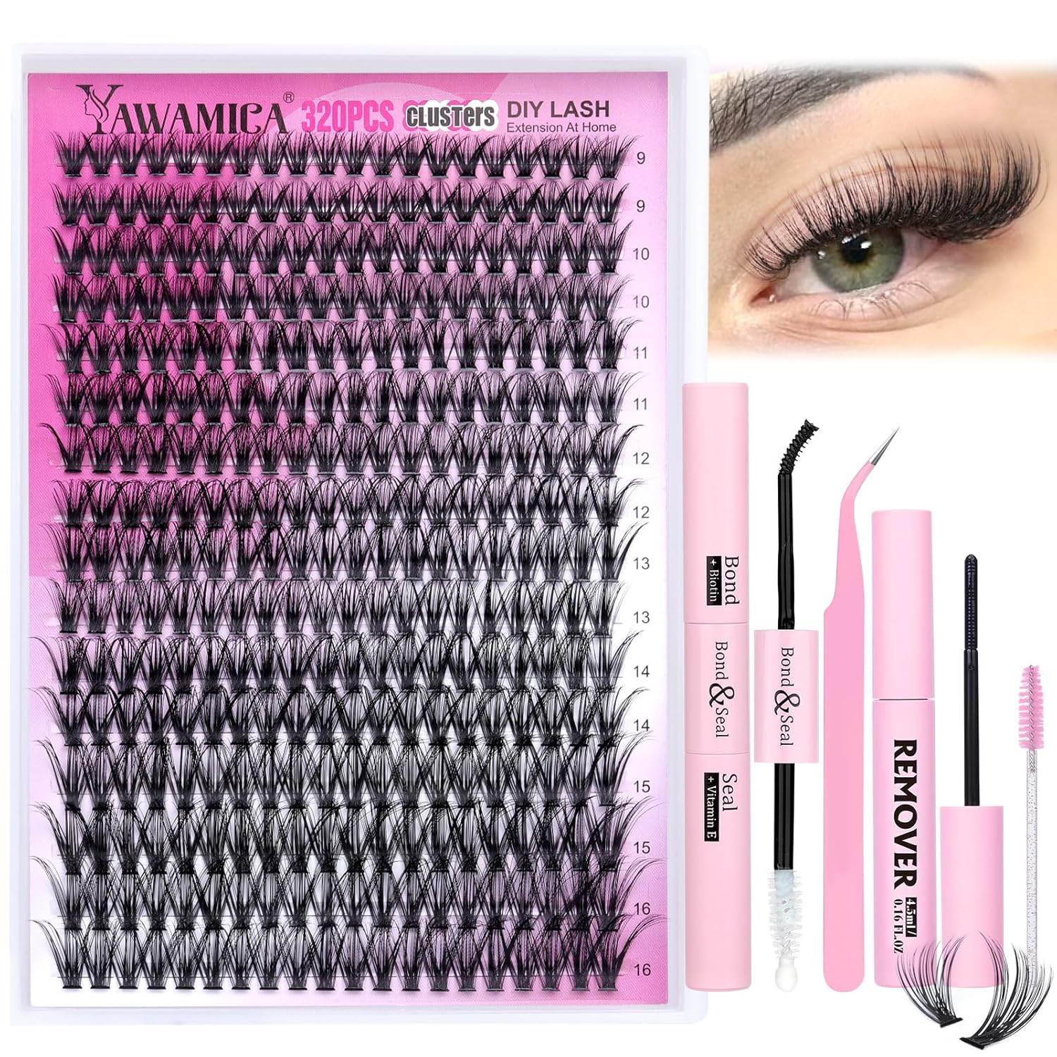 Eyelash Extension Kit 320pcs Lash Clusters D Curly 9-16mm Mix 40D Individual Lashes Wispy Lash Clusters Kit with Lash Bond and Seal and Remover Lash Applicator for Lash Extension Beginners