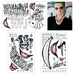 3 Sheets Joker Tattoos, Large-Size Halloween Temp Tattoo for Men, Realistic Waterproof Last-Long Fake Stickers for Suicide Squad Clown HQ Costume Cosplay Party Accessories Masquerade Makeup