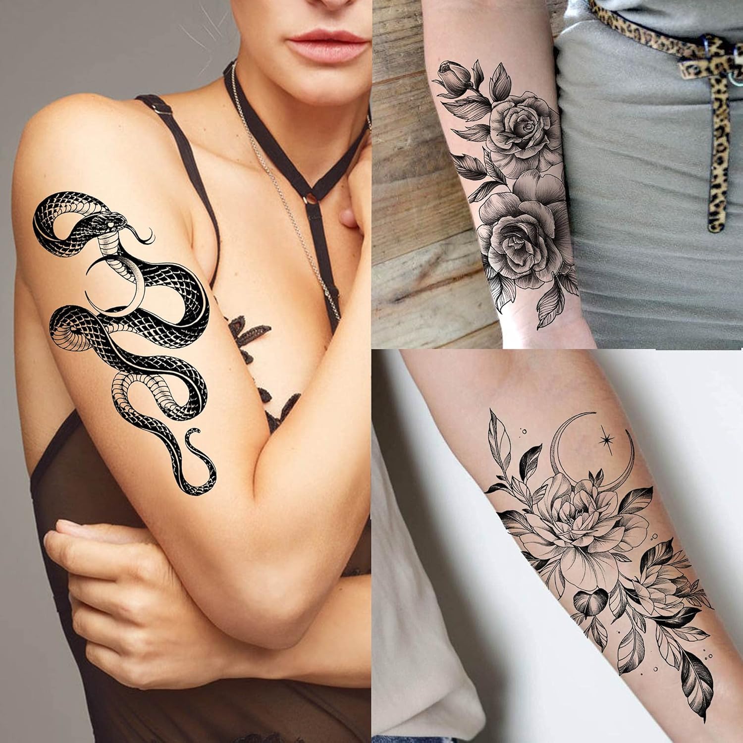 64 Sheets Long Lasting Flower Temporary Fake Tattoos For Women Arm Neck, Jellyfish Sunflower Moon Rose For Adults Girl, 3D Temp Realistic Snake Tatoo Stickers Serpent Peony Floral Kids - Image 3