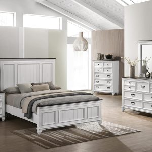 Roundhill Furniture Clelane Wood Bedroom Set with Shiplap Panel Queen Bed, Dresser, Mirror, Nightstand, and Chest in Weathered White and Dark Gray
