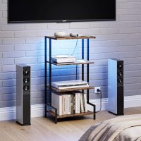 4-Tier AV Media Stand with Power Outlet and LED Lights,Wooden Stereo Stand Cabinet,Game Console Shelf for Small Space,Audio Rack Stand Tower Ideal for Video DVD Players,Xbox - Image 2