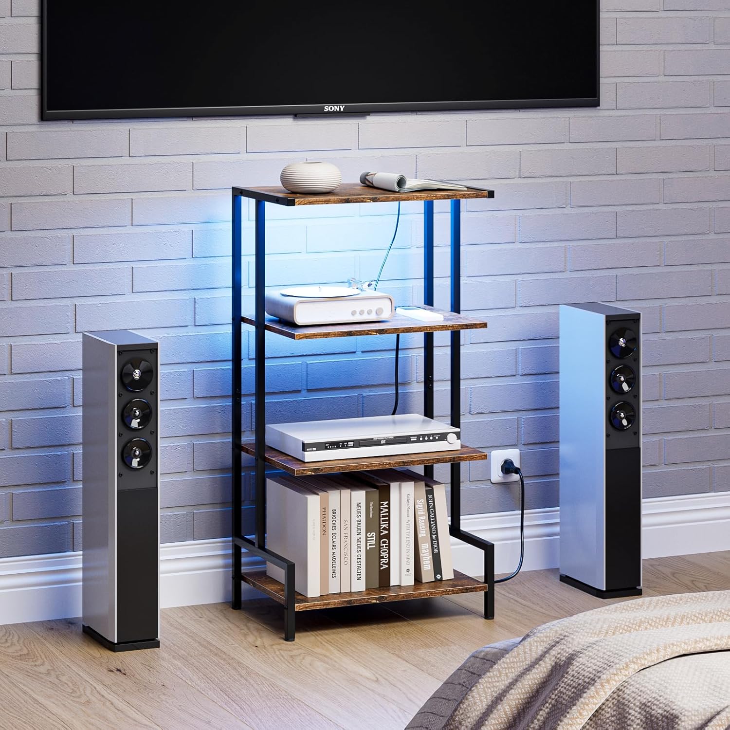 4-Tier AV Media Stand with Power Outlet and LED Lights,Wooden Stereo Stand Cabinet,Game Console Shelf for Small Space,Audio Rack Stand Tower Ideal for Video DVD Players,Xbox - Image 2