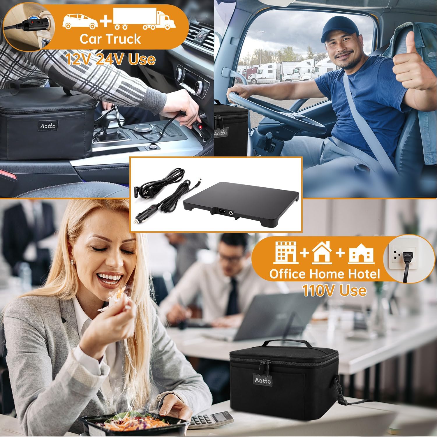 Aotto Portable Oven, Electric Lunch Box Food Heater - 12V/24V/110V 3-in-1 Car Food Warmer - Mini Personal Microwave Heated Lunch Box Warmer for Car, Truck, Travel, Office & Home Use - Black - Image 2