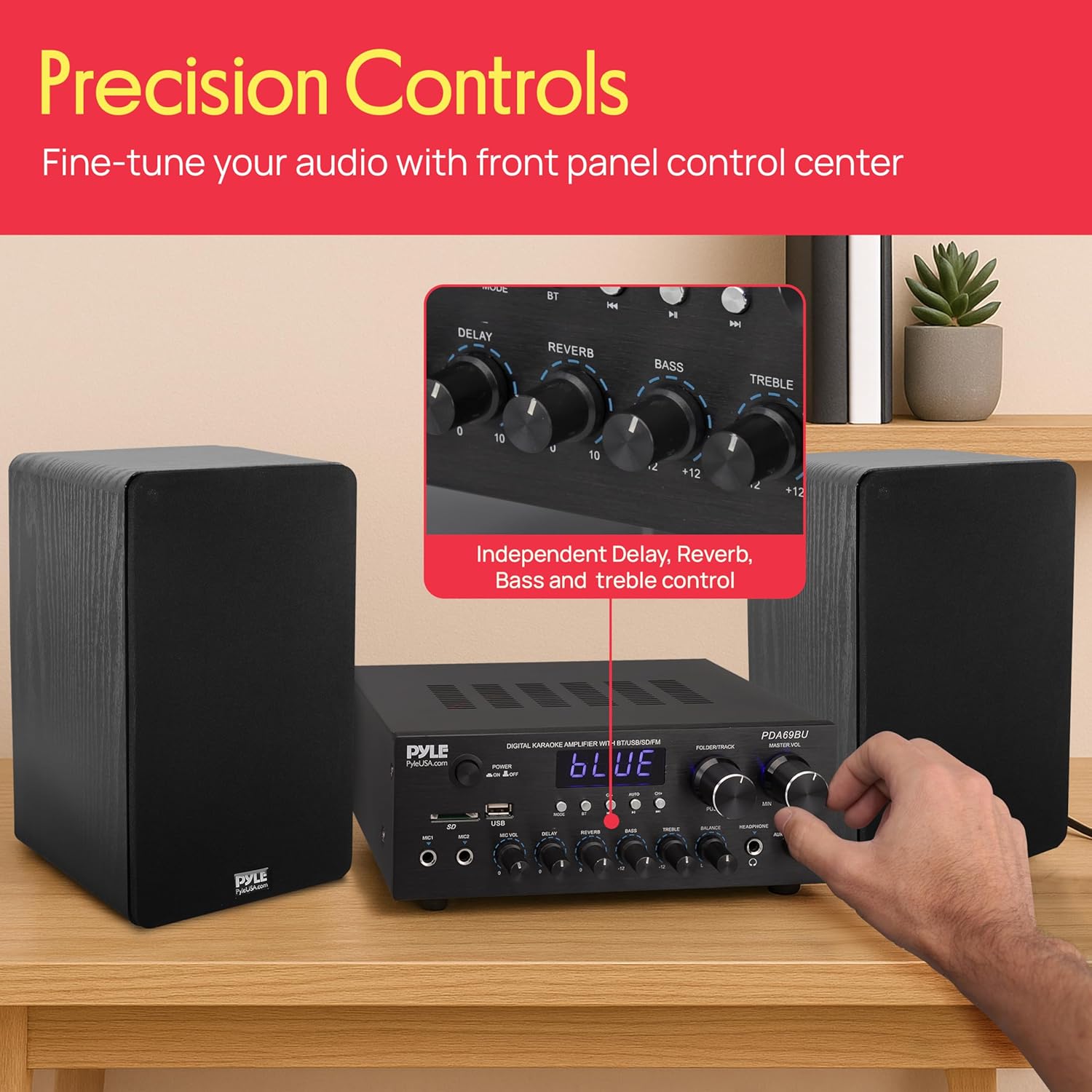 Pyle Stereo Amplifier Audio Receiver with Remote Control - Bluetooth Streaming, MP3/USB/SD/FM Radio, 2.0 Channel HiFi Sound System with RCA/Aux Inputs, Microphone & Headphone Jacks, Adjustable Bass - Image 4