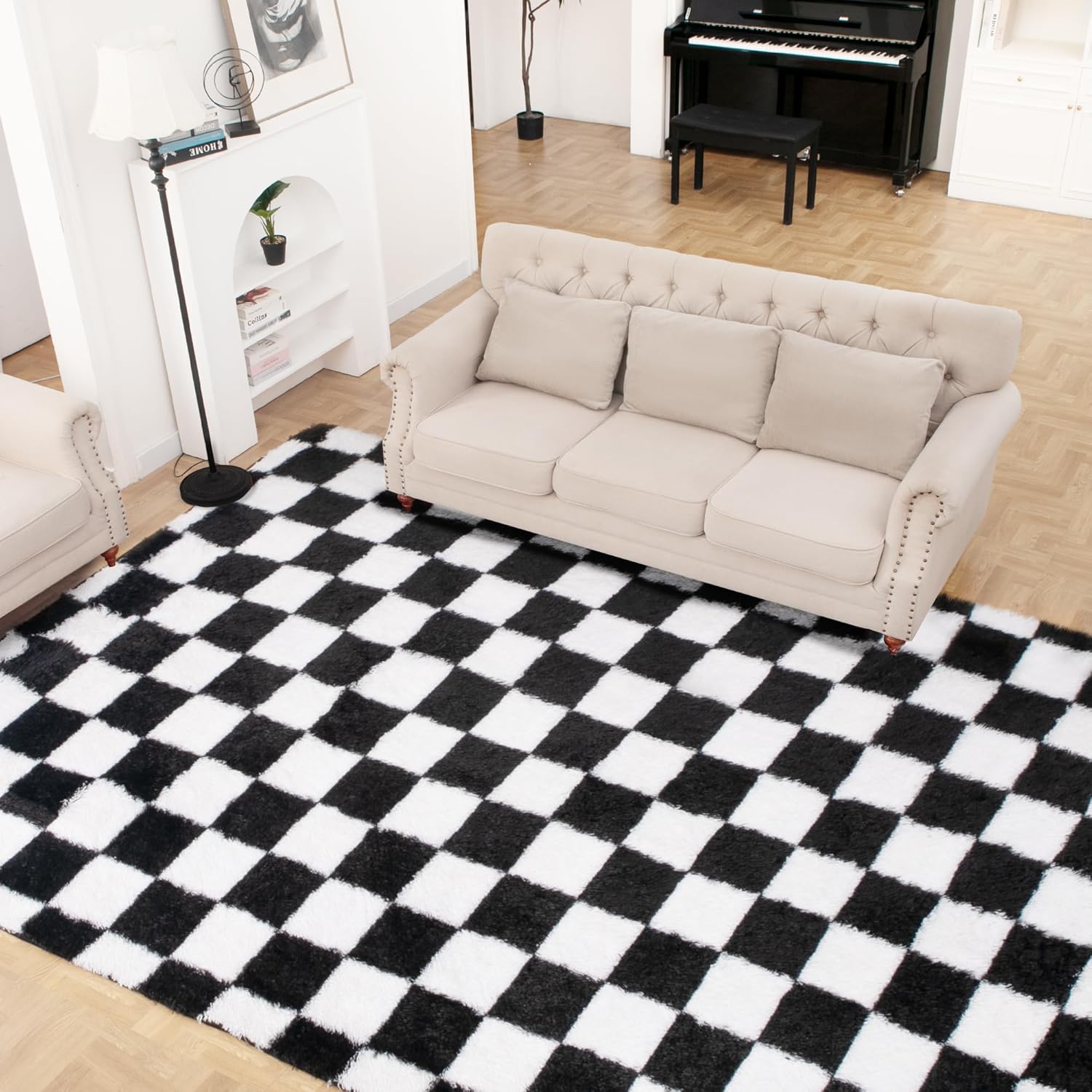 Super Soft Rug for Bedroom, 5x7 Ft Black and White Area Rug Classic Checkered Shaggy Anti-Skid High Pile Soft Fluffy Rug Fuzzy Carpet for Living Room Bedroom Kids Room Nursery, Dorm Home Decor - Image 2